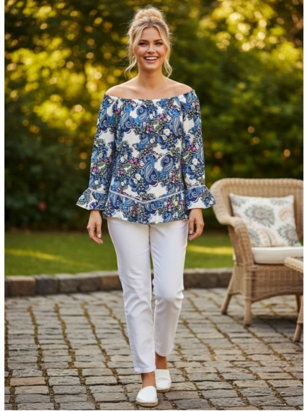New Directions Petite Paisley Off-Shoulder Blouse XLP Blue White